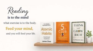 Illustration showing learning lesson from the atomic habits, 5am club and think and grow rich summary